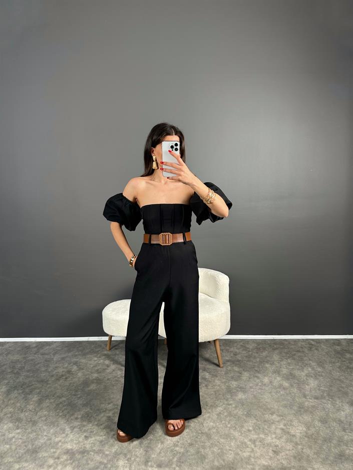 Nick Siyah Keten Kemerli Balon Kol Tulum