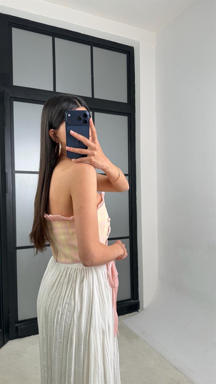 Pembe Ekose Desenli Saten Korse GAUS-01533