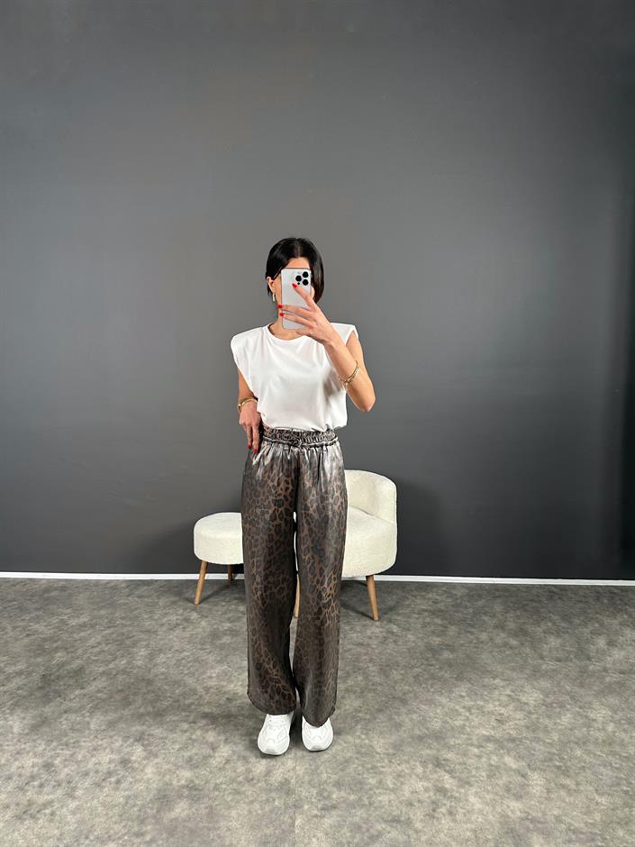 Armes Kahve  Leoparlı Parlak Saten Pantolon 