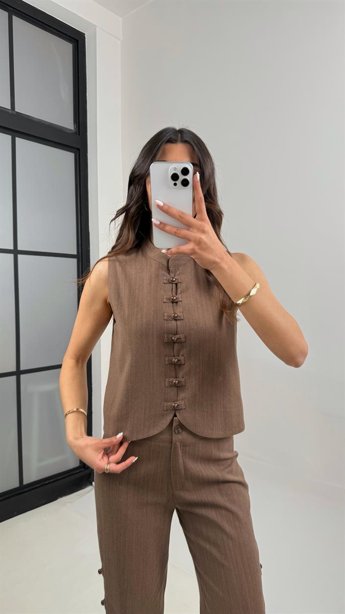 Kahve Düğmeli Tasarım Yelek Pantolon Keten Takım Gaus00339