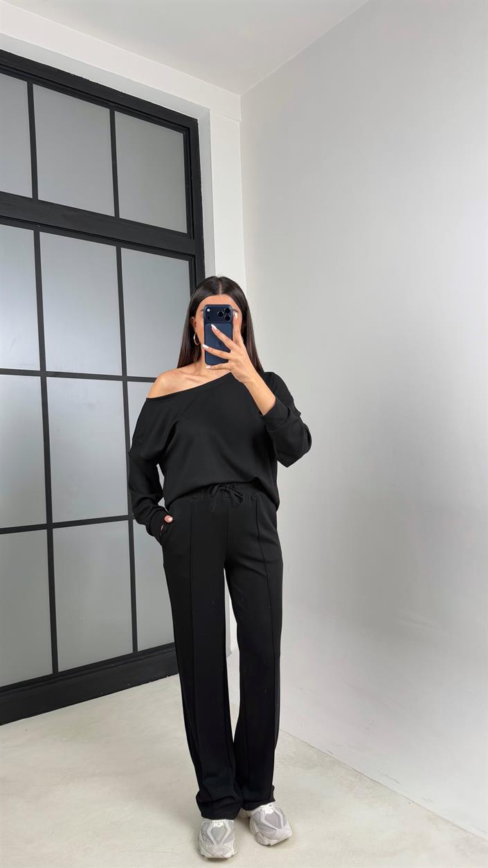 Siyah Asimetrik Yaka Beli Lastikli Çımalı Pantolon Modal Kumaş Takım GAUS-00629