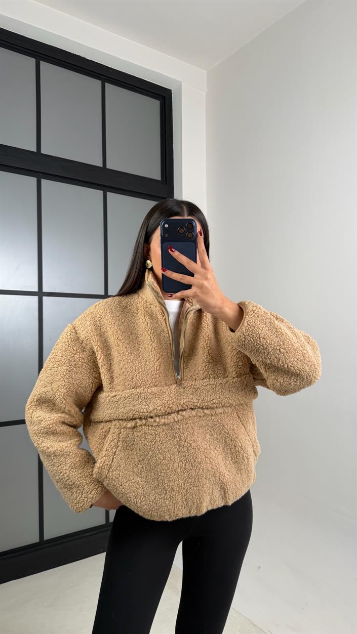 Camel Cepli Yaka Fermuarlı Peluş Sweatshirt GAUS-00672