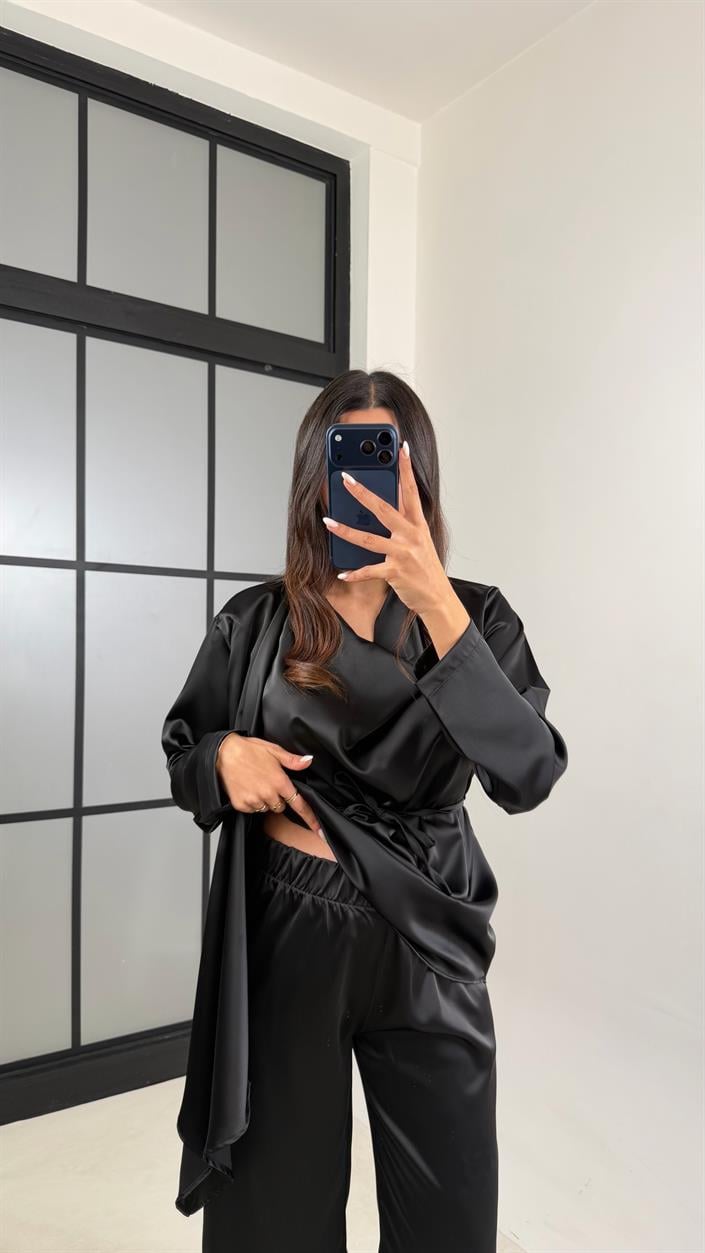 Siyah Şal Detaylı Bluz Beli Lastikli Şalvar İkili Saten Takım GAUS-00606