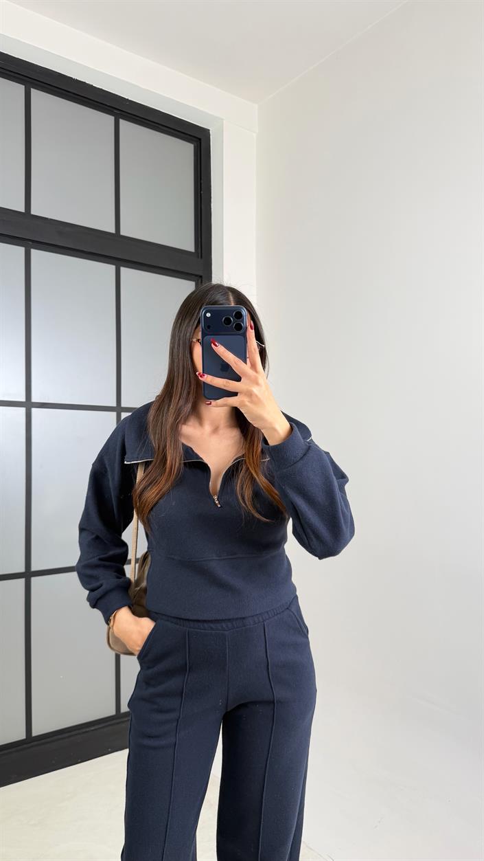 Lacivert Fermuarlı Kazak Beli Lastikli Pantolon İkili Selanik Kumaş Takım GAUS-00781