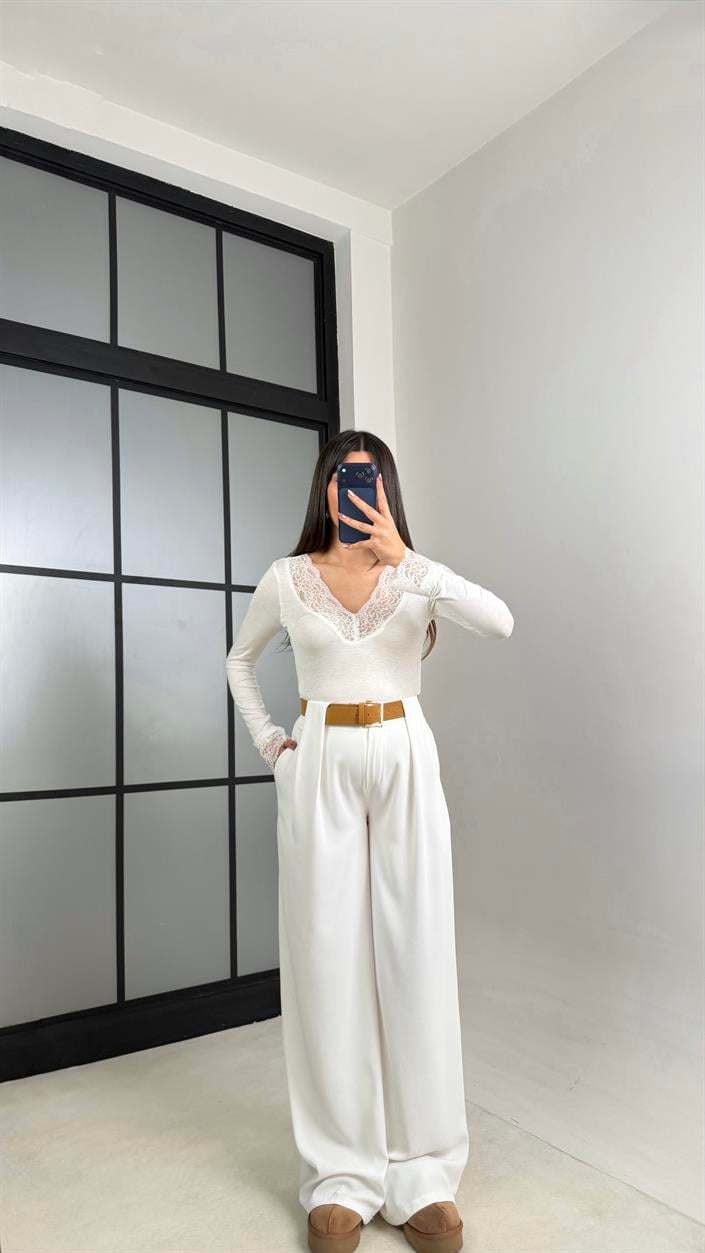 Ekru Kemerli Tasarım Premium Pantolon GAUS-00993