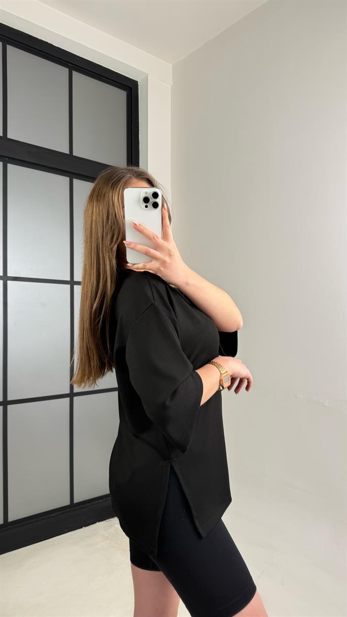 Siyah Basic Yırtmaç Detaylı Modal Tshirt GAUS-01060