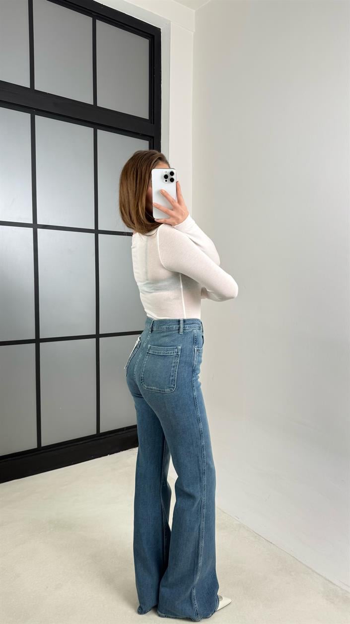 Mavi Düğme Detaylı İspanyol Paça Cep Etiketli Tasarım Jean GAUS-00742