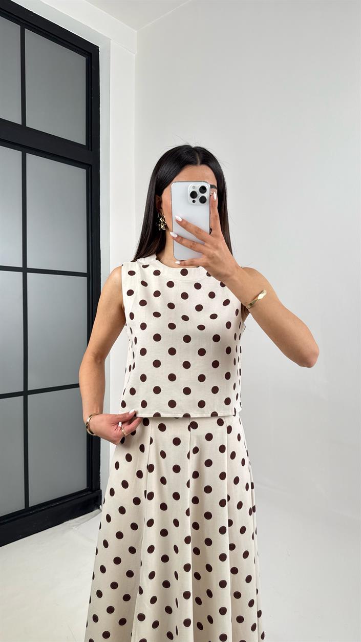 Taş Kahve Puantiyeli Crop Yırtmaçlı Etek Keten Takım Gaus00401