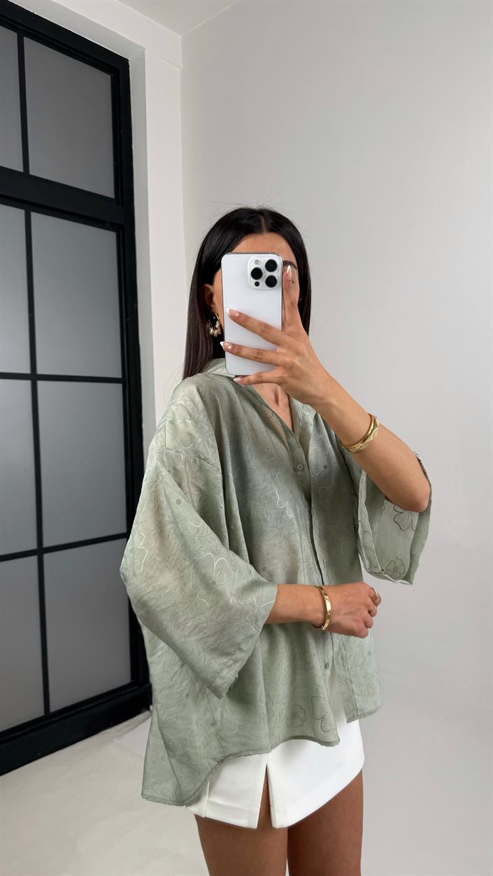 Yeşil Çiçek Desenli Tencel Gömlek Gaus00544