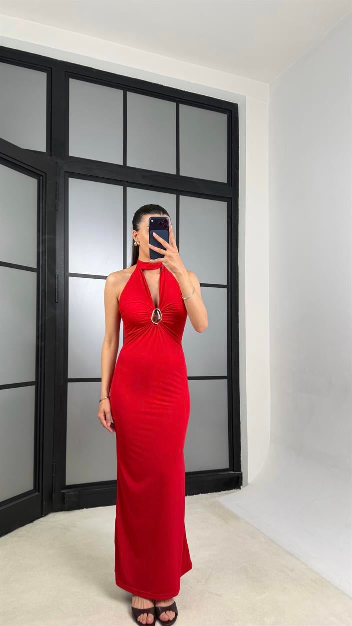 Kırmızı Boyundan Bağlamalı Gold Toka Detaylı Elbise GAUS-01504