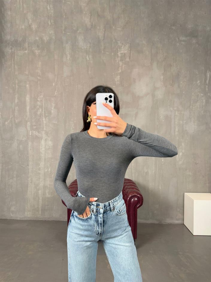 Medi Antrasit Hafif Transparan Bisiklet Yaka Bluz