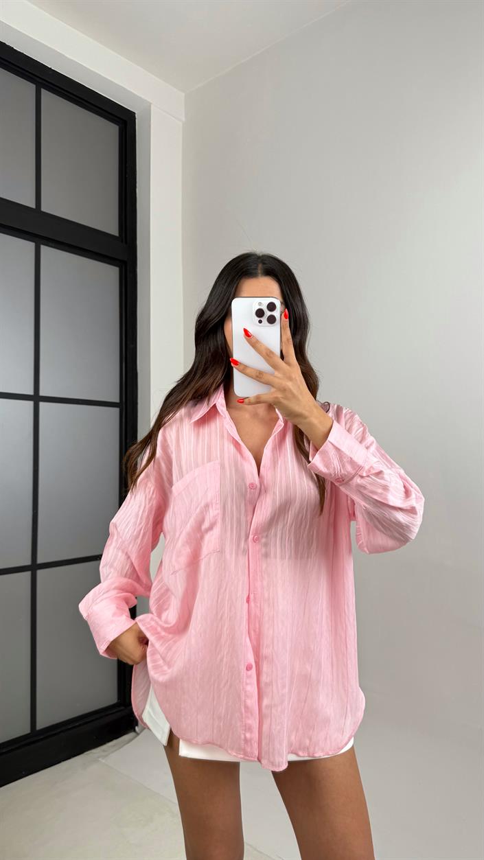 Pembe Şerit Desenli Kırışık Tencel Gömlek GAUS-0032