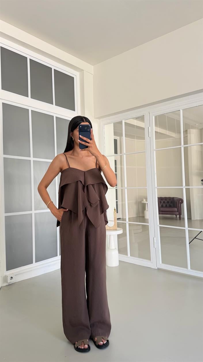 Kahve Fırfırlı Bluz Beli Lastikli Pantolon İkili MD Muadil Tencel Takım GAUS-01605