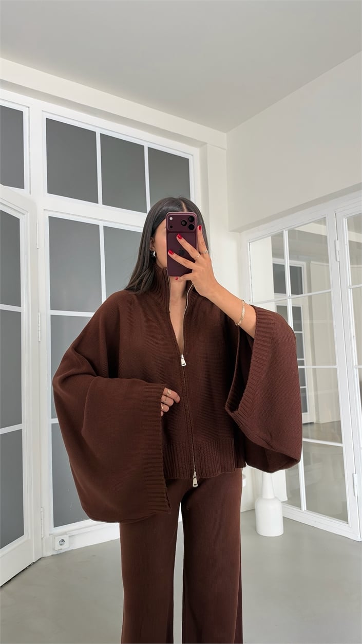 Acı Kahve Yarasa Kol Hırka Beli Lastikli Pantolon İkili Triko Takım GAUS-02238