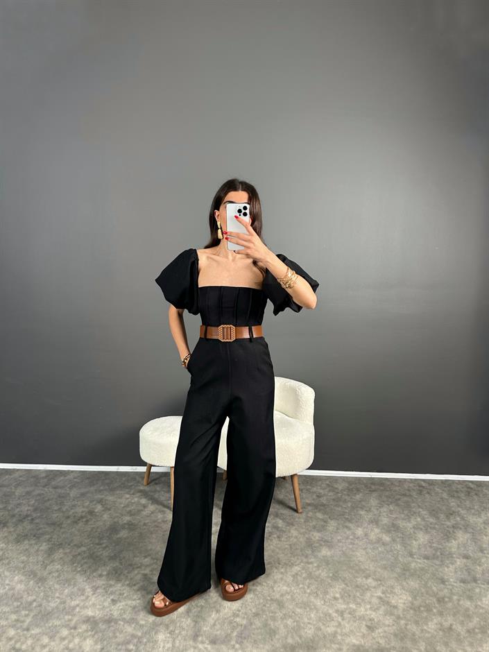 Nick Siyah Keten Kemerli Balon Kol Tulum