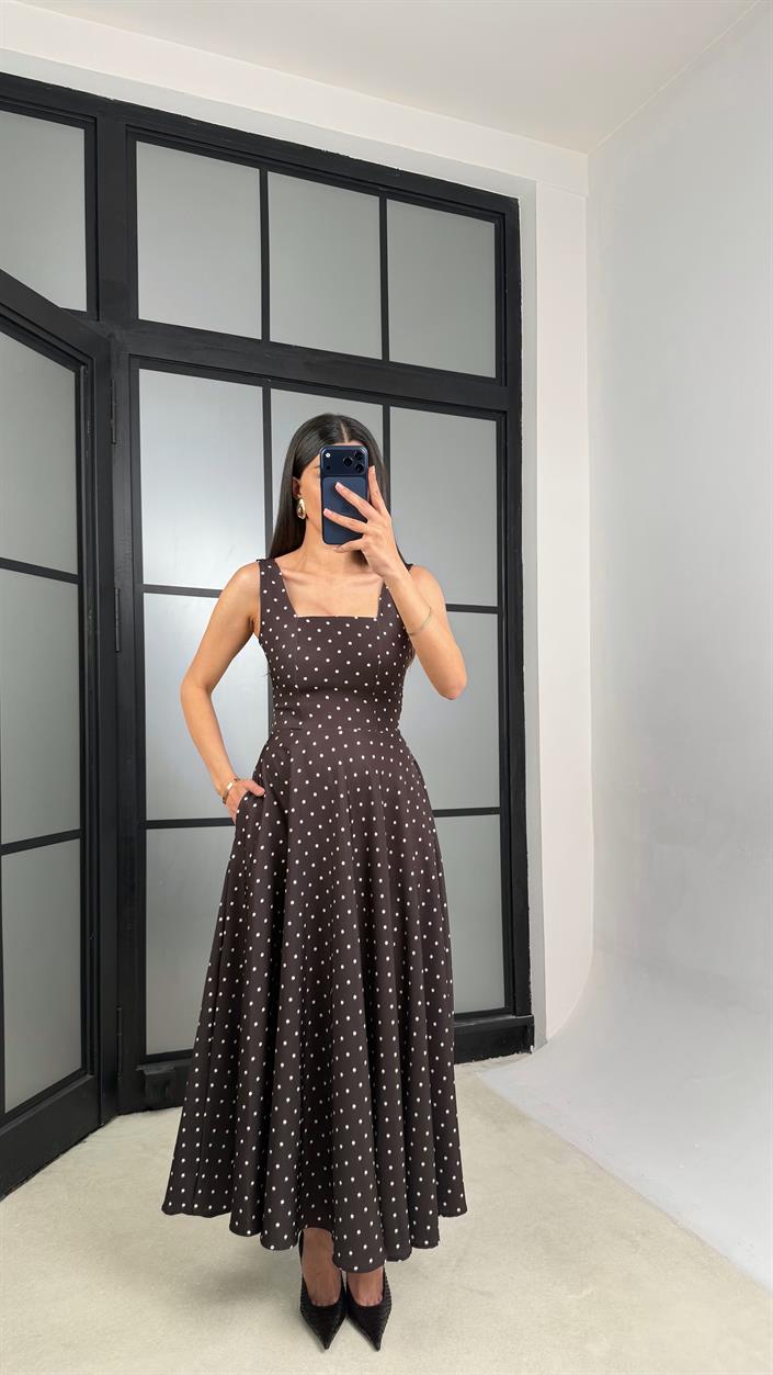 Acı Kahve Kuşaklı Puantiye Desenli Elbise GAUS-01372
