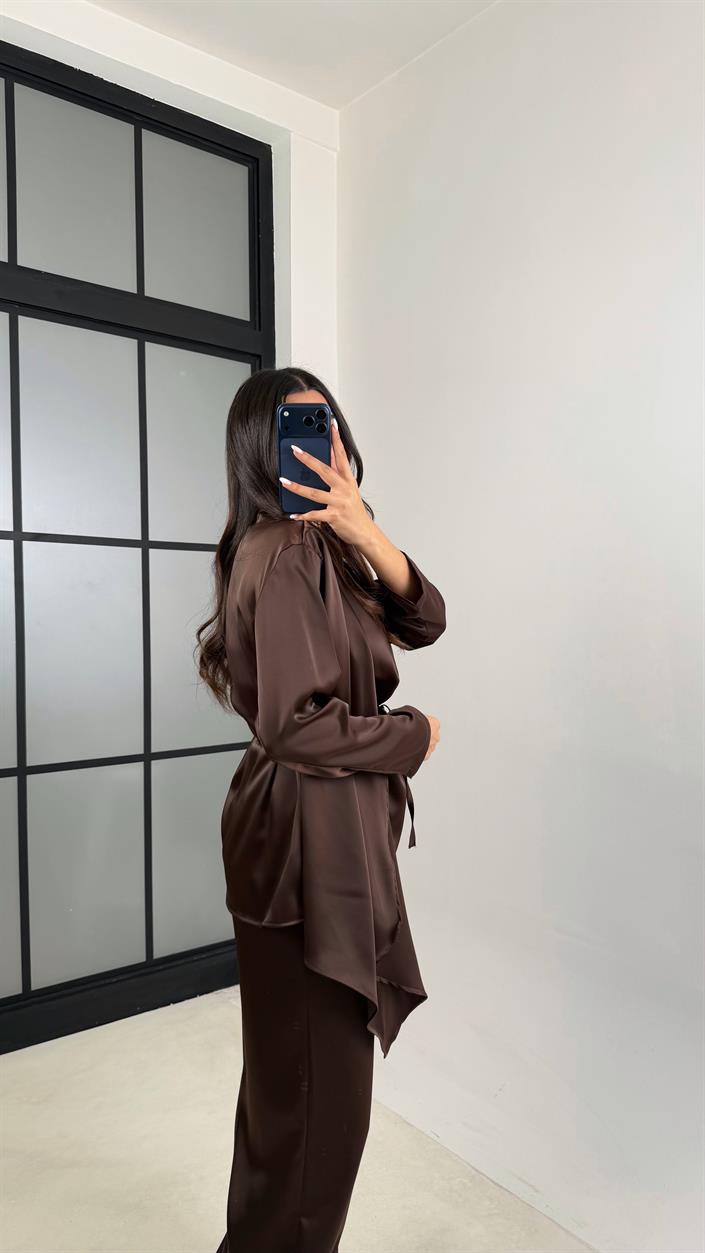 Kahve Şal Detaylı Bluz Beli Lastikli Şalvar İkili Saten Takım GAUS-00606