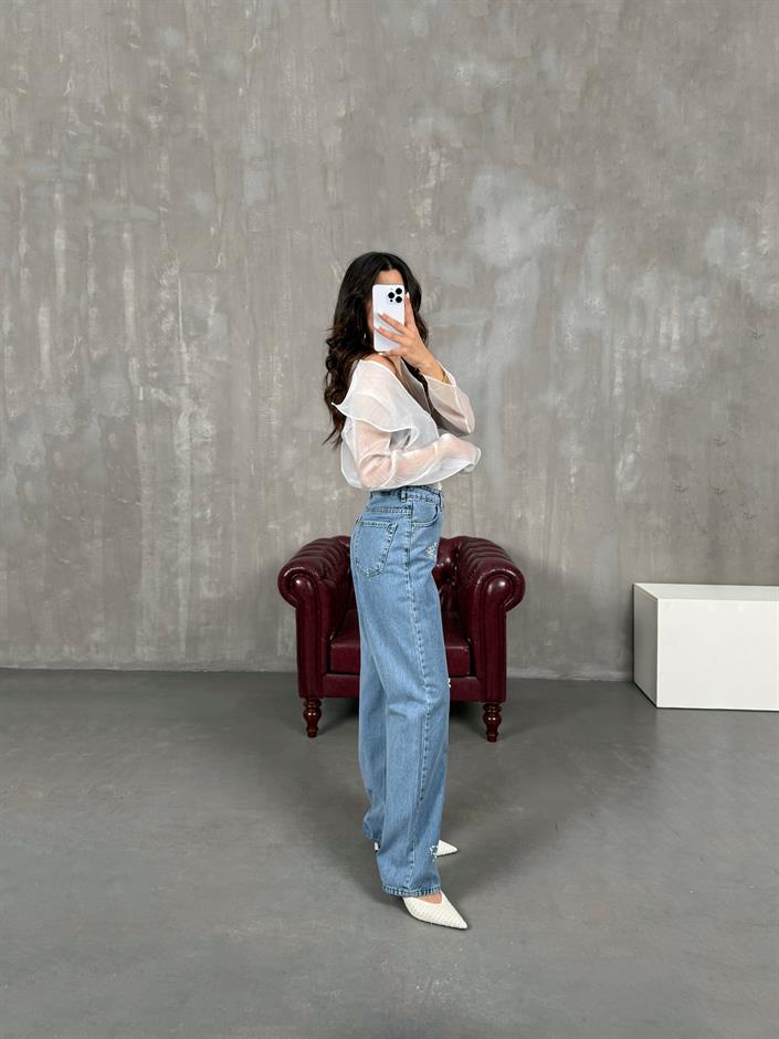 Ezy Mavi İnci Fiyonk Detaylı Jean 