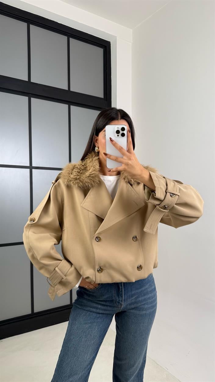 Bej Kürk Detaylı Astarlı Premium Trençkot GAUS-00190