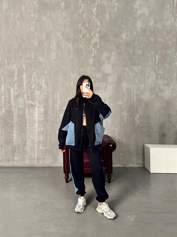 Lome Siyah Denim Karışımlı Şardonlu Oversize Takım