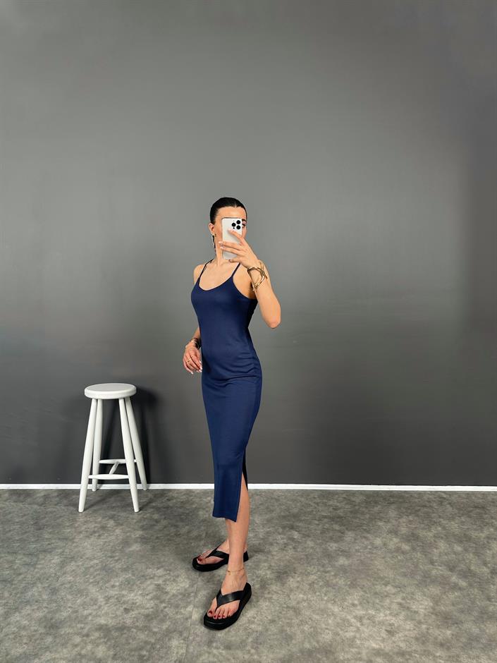 Karlee Lacivert İp Askılı Yırtmaçlı Elbise