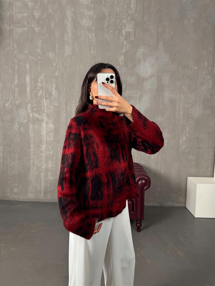 Iced Bordo Desenli Yarım Balıkçı Yaka Sakallı Kazak