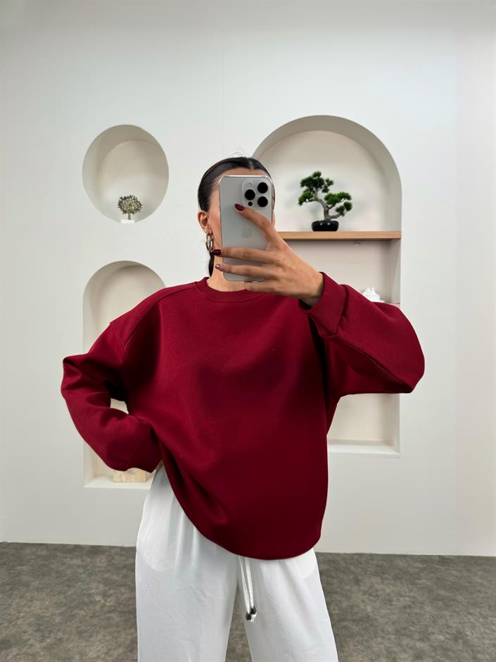 Meksa Bordo Bisiklet Yaka Şardonlu Sweatshirt
