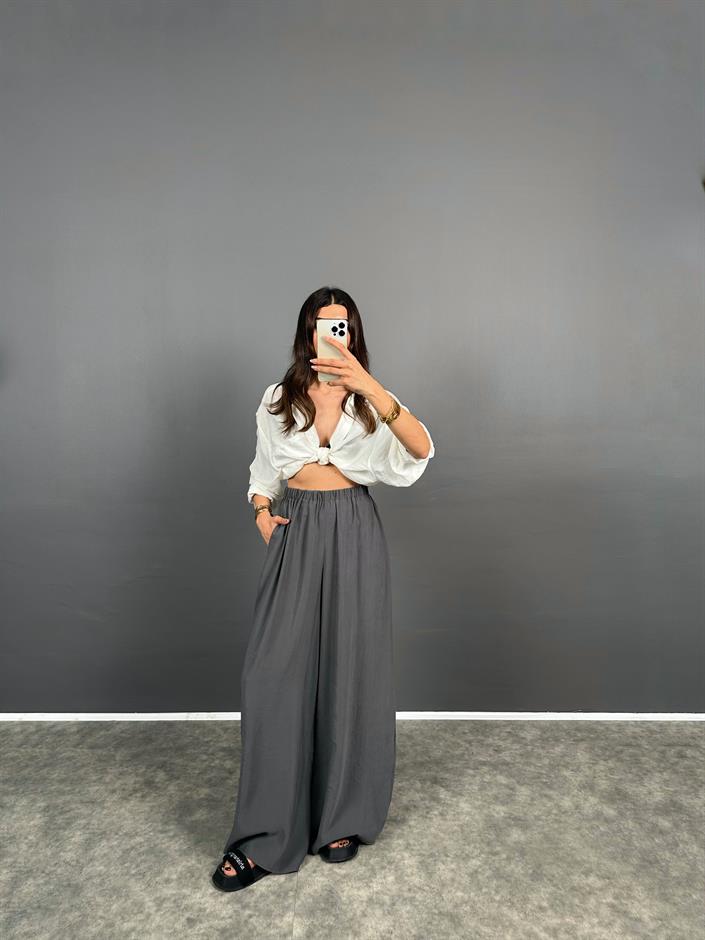 PRY Beli Lastikli Bol Paça Tensel Antrasit Gri Rahat Dokuma Pantolon