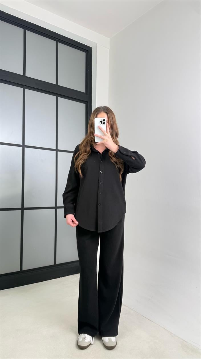 Siyah Gömlek Beli Lastikli Pantolon MD Muadil Selanik Kumaş Takım GAUS-00938