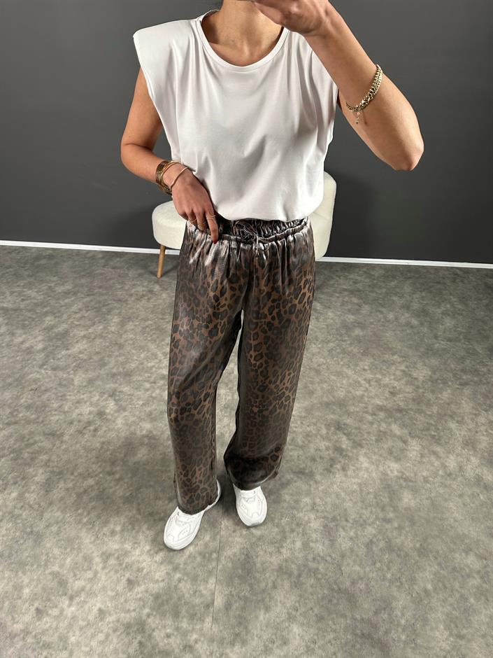 Armes Kahve  Leoparlı Parlak Saten Pantolon 