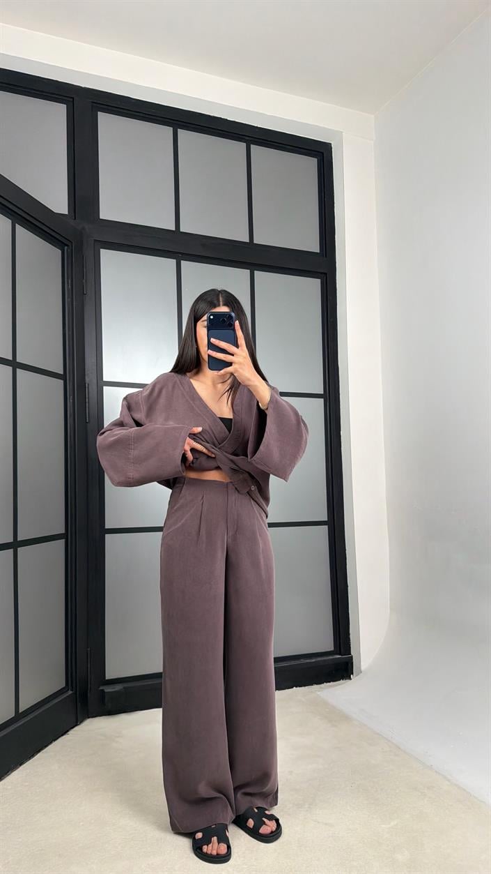 Kahve Düğme Detaylı Kimono Pantolon MD Muadil Tencel Takım GAUS-01451