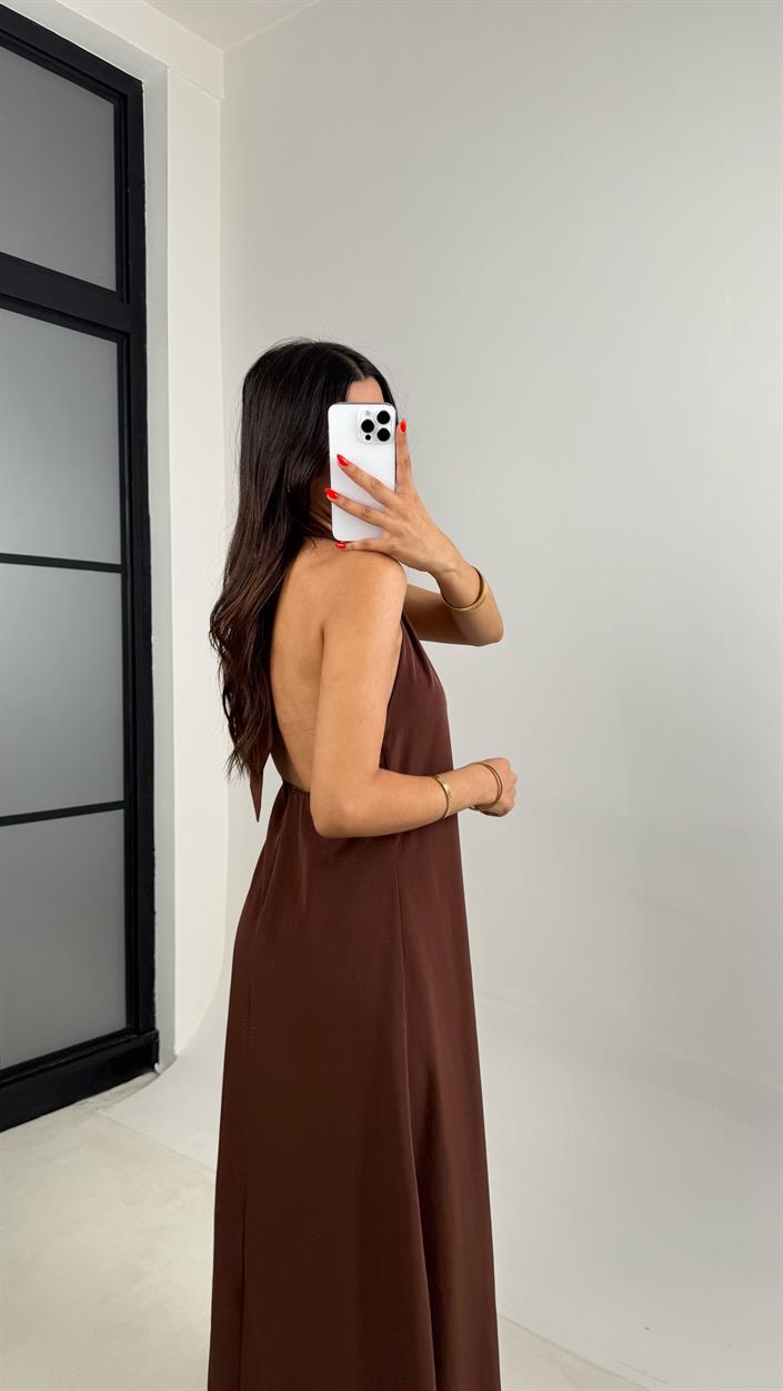 Kahve Boyundan Bağlamalı V Yaka Tencel Elbise GAUS-0014
