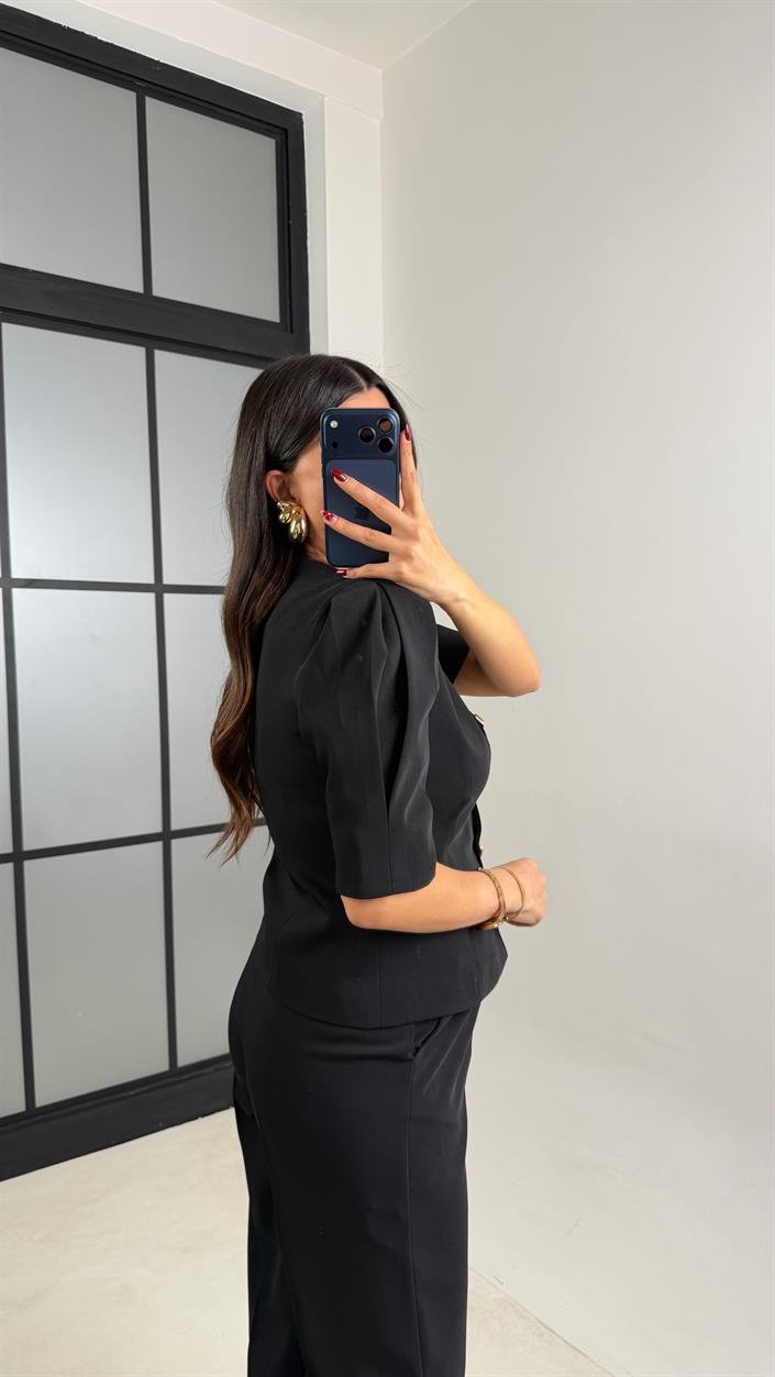Siyah Gold Düğmeli Balon Kol Ceket Beli Lastikli Pantolon Kumaş Takım GAUS-00748