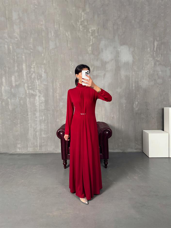 Jerse Bordo Balıkçı Yaka Tasarım Maxi Elbise