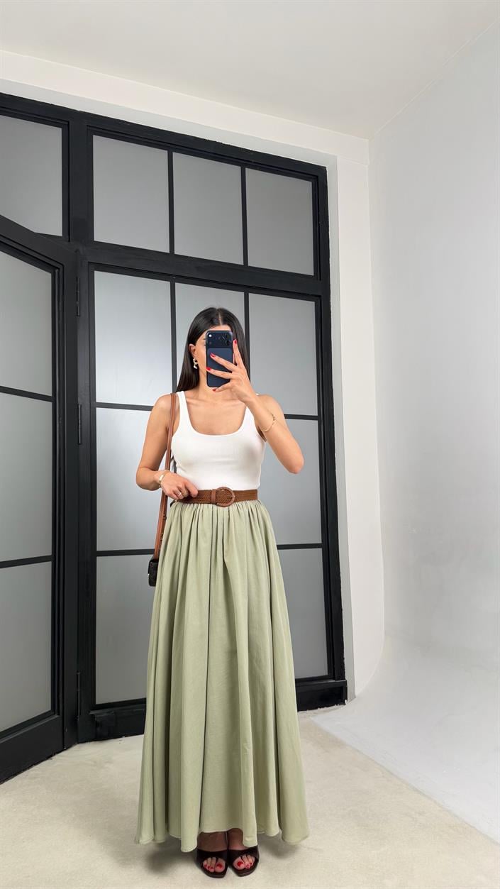 Yeşil Kemerli Astarlı Etek GAUS-01549