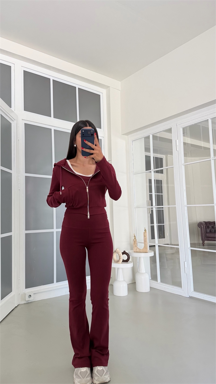 Mürdüm Hırka Crop Beli Lastikli Pantolon 3lü Basic Takım GAUS-01889