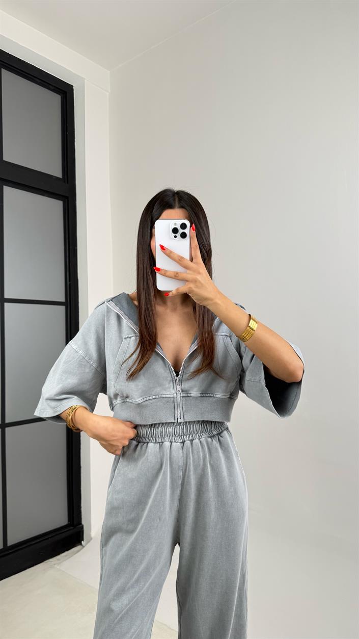 Gri Yıkama Desenli Kapüşonlu Crop Hırka Beli Lastikli Pantolon İkili Premium Takım GAUS-0063