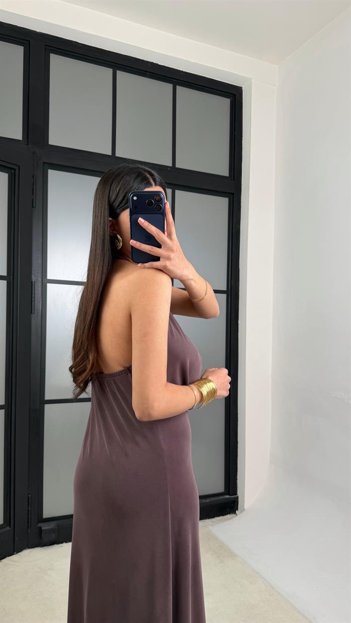 Kahve Kolye Detaylı Premium Modal Kumaş Elbise GAUS-01367