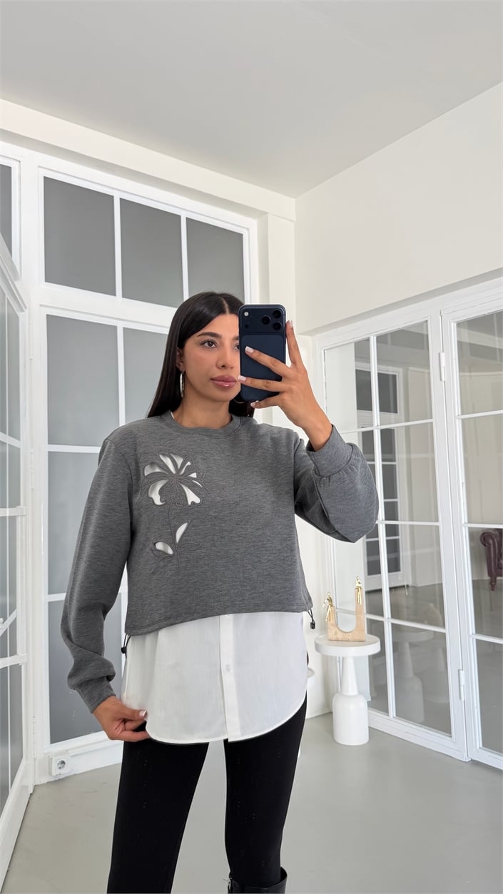 Gri TWST Model Gömlek Detaylı Sweatshirt GAUS-02059