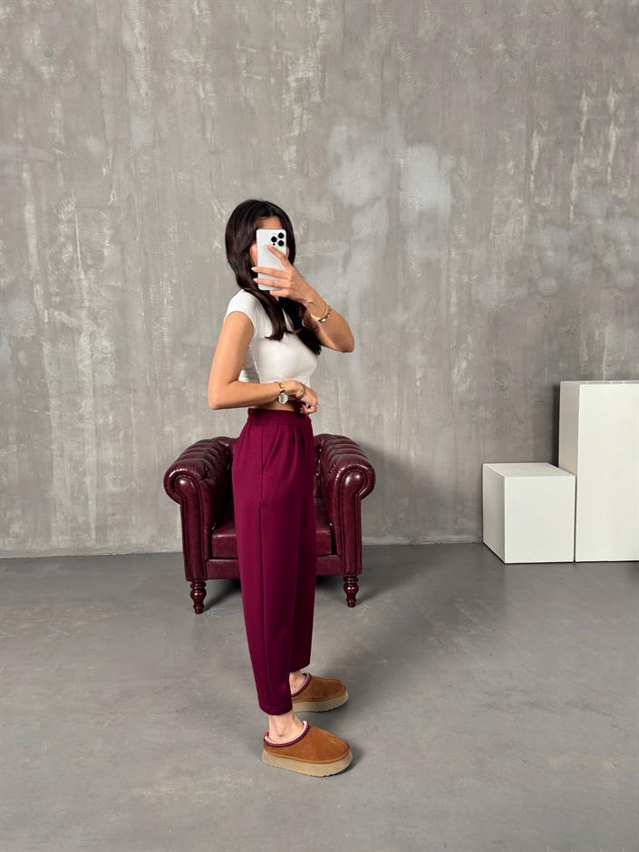 Weld Bordo Arkası Lastikli Cepli Harem Pantolon