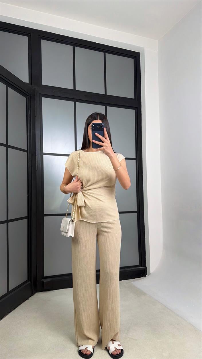 Bej Bağlama Detaylı Bluz Beli Lastikli Pantolon Krinkıl Kumaş Takım GAUS-01308