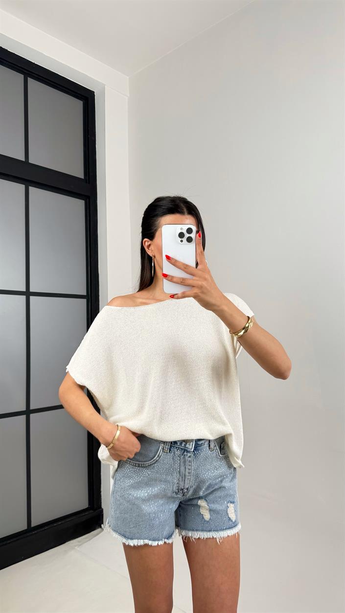 Beyaz Omzu Açık Kısa Kol Triko Kazak Gaus00504