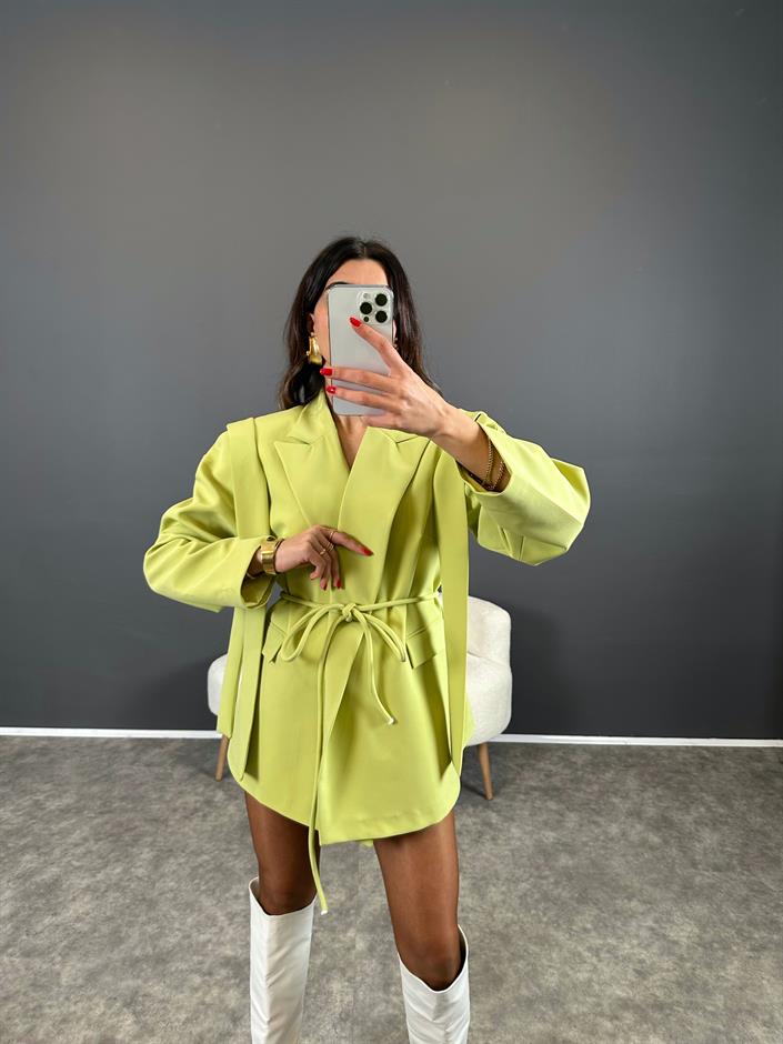 Marisol Premium Yeşil Bağlamalı Astarlı Blazer Ceket