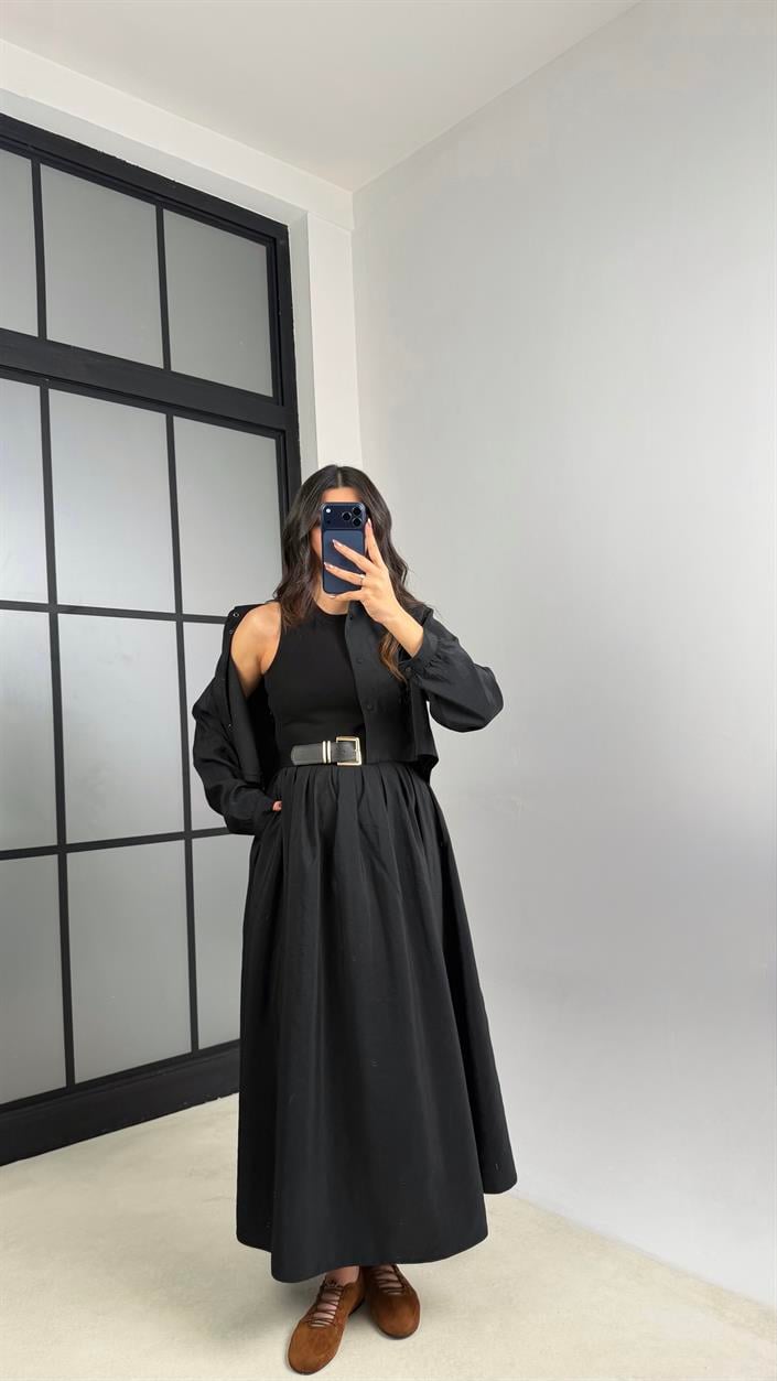 Siyah Gömlek Kemerli İthal Kumaş Elbise İkili Takım GAUS-01156