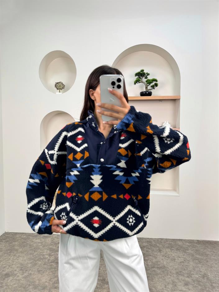 Jow Lacivert Desenli Yaka Çıtçıtlı Peluş Sweatshirt