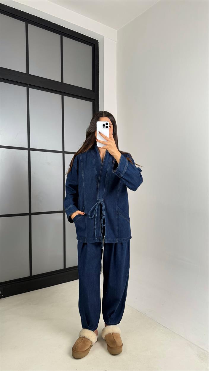 Lacivert Yandan Bağlama Detaylı Cepli Ceket Pantolon İkili Denim Takım GAUS-00446