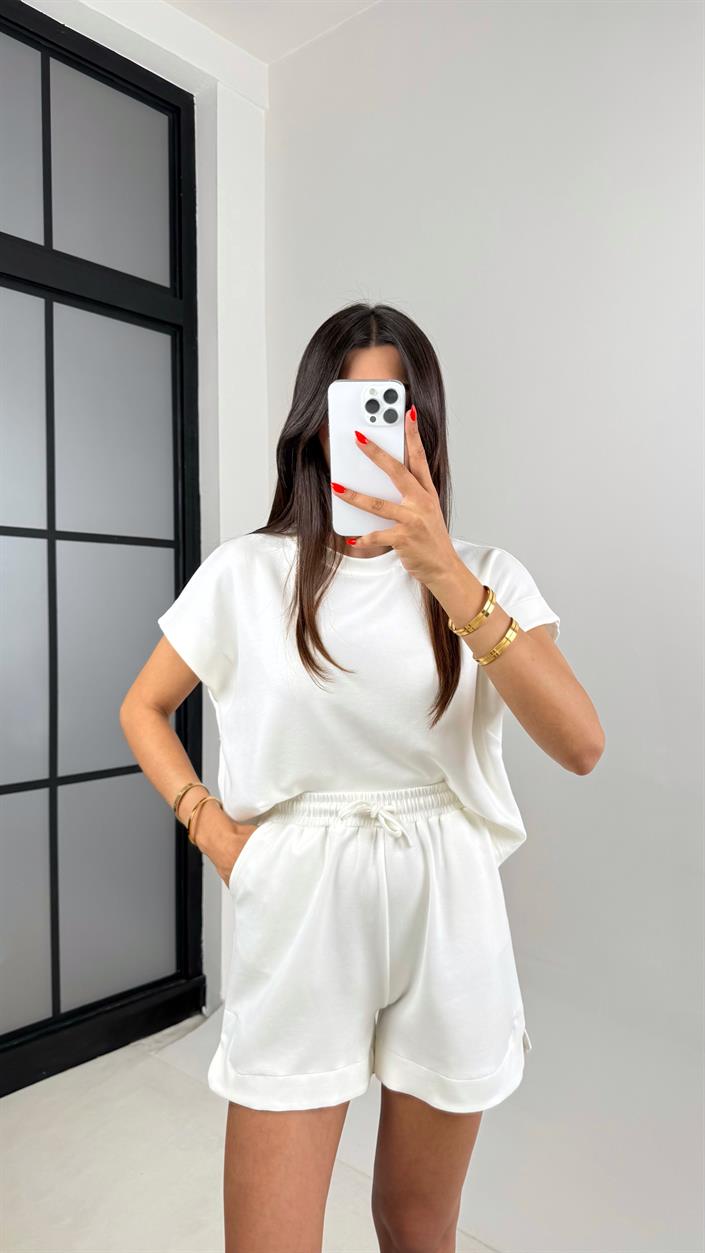 Beyaz Tshirt Şort İkili Modal Kumaş Takım Gaus00691
