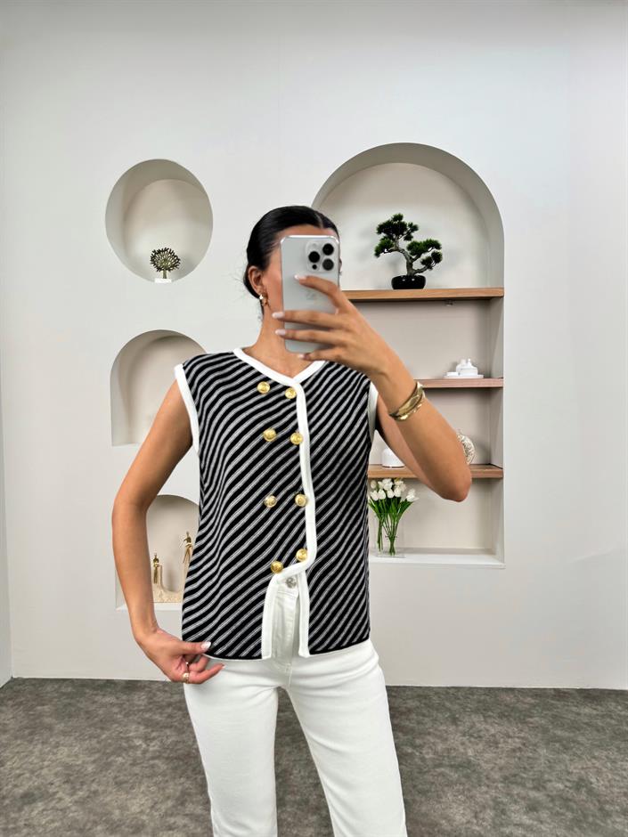 Loza Siyah Çizgili Düğmeli Yelek