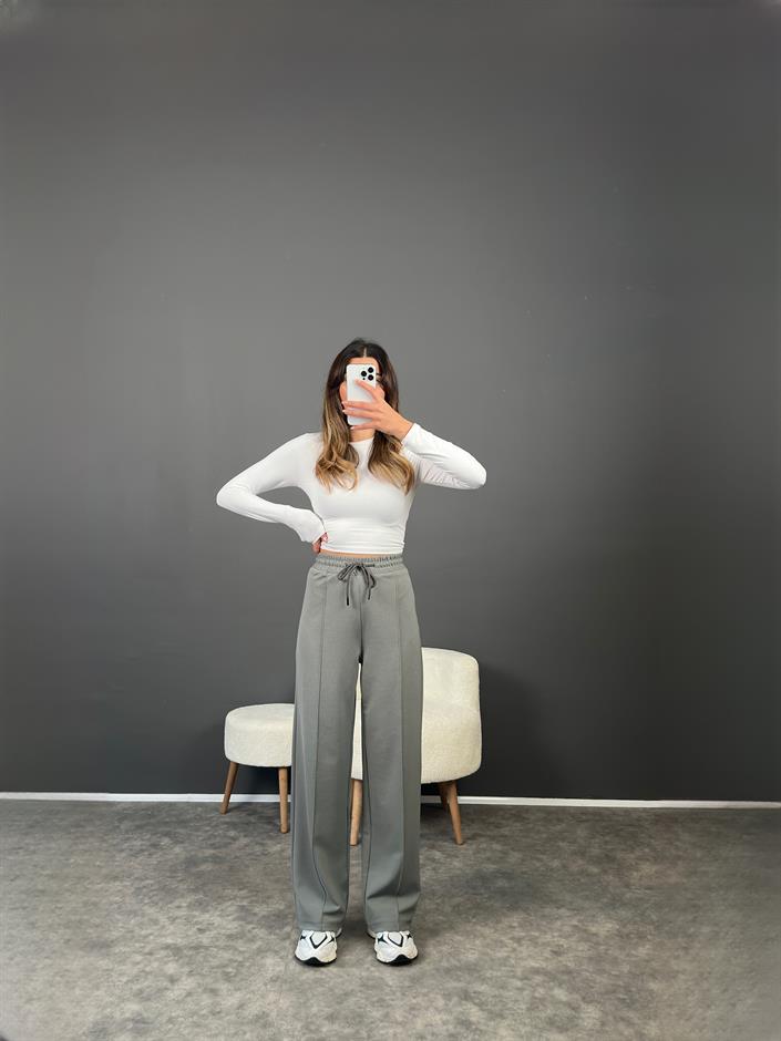 Eyra Gri Çımalı Beli Lastikli Pantolon