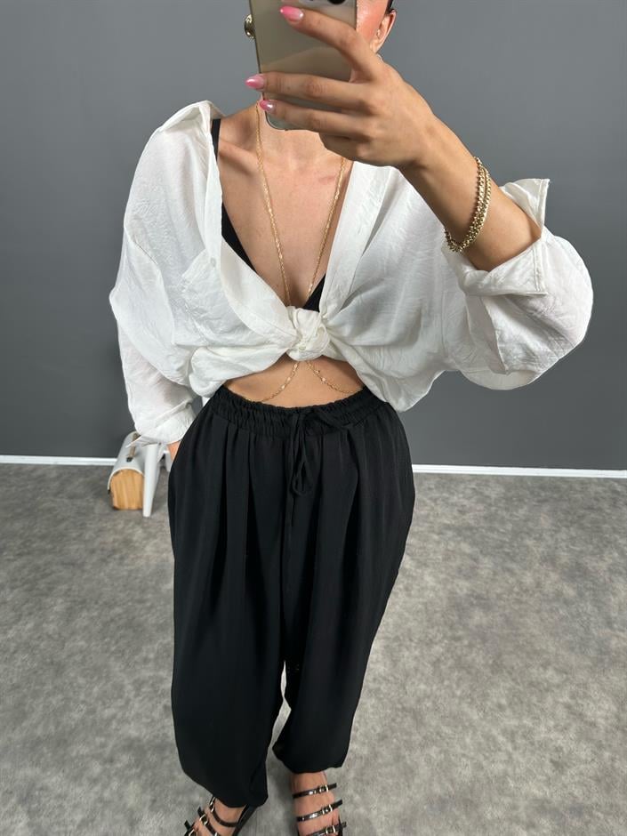 Funi Siyah Beli İpli Ayrobin Şalvar Pantolon